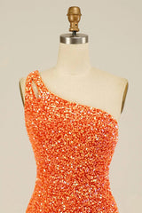 Orange Homecoming Dress Open Back One Shoulder Sequin Tight Prom Dress