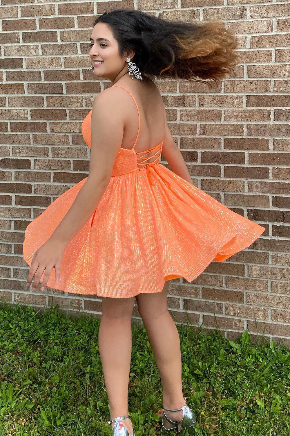 Orange Homecoming Dress Sequin A-Line Short Prom Dress with Pockets