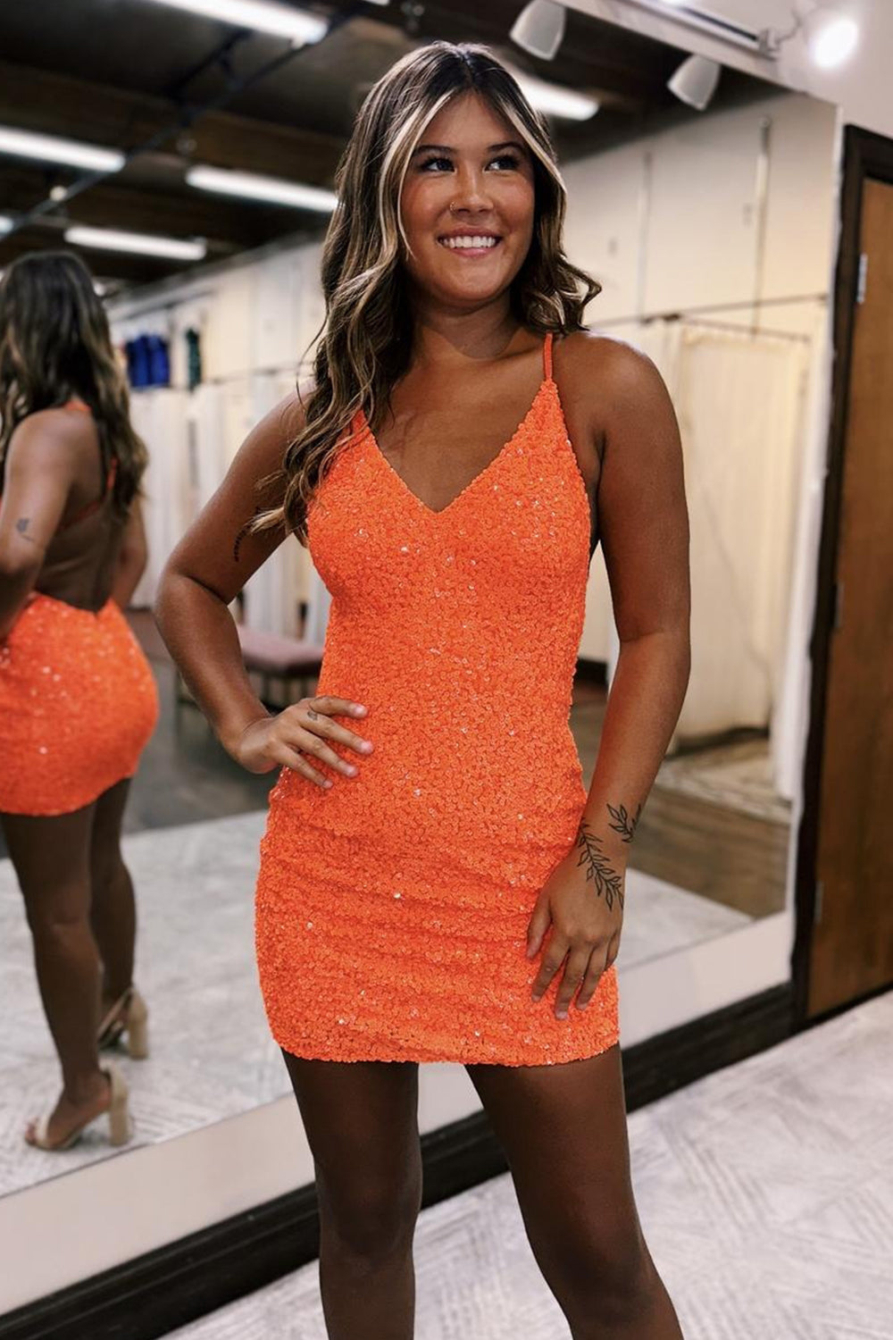 Orange Homecoming Dress Sequin Backless Tight Short Prom Dress