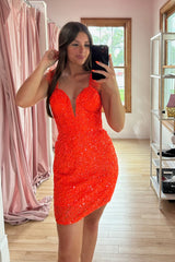 Orange Homecoming Dress Sequin Tight Short Prom Dress with Feathers