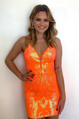 Orange Homecoming Dress Sequined Backless Tight Short Prom Dress
