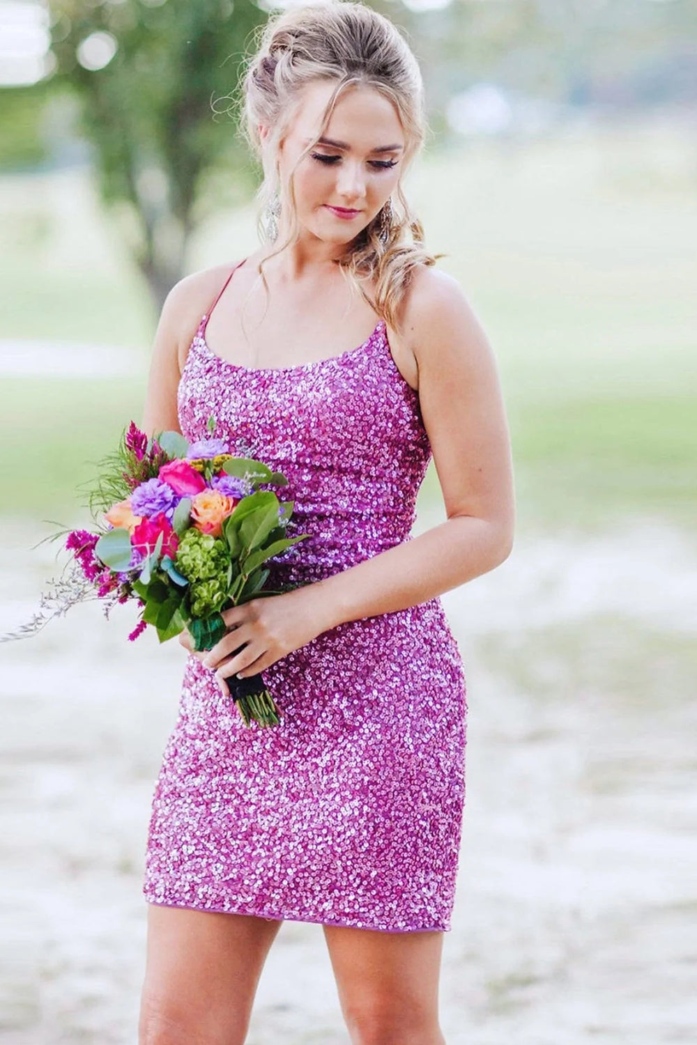 Orange Homecoming Dress Spaghetti Straps Backless Sequin Tight Cocktail Party Dresses