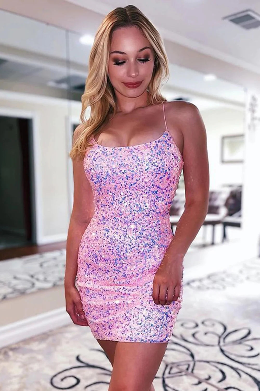 Orange Homecoming Dress Spaghetti Straps Backless Sequin Tight Cocktail Party Dresses