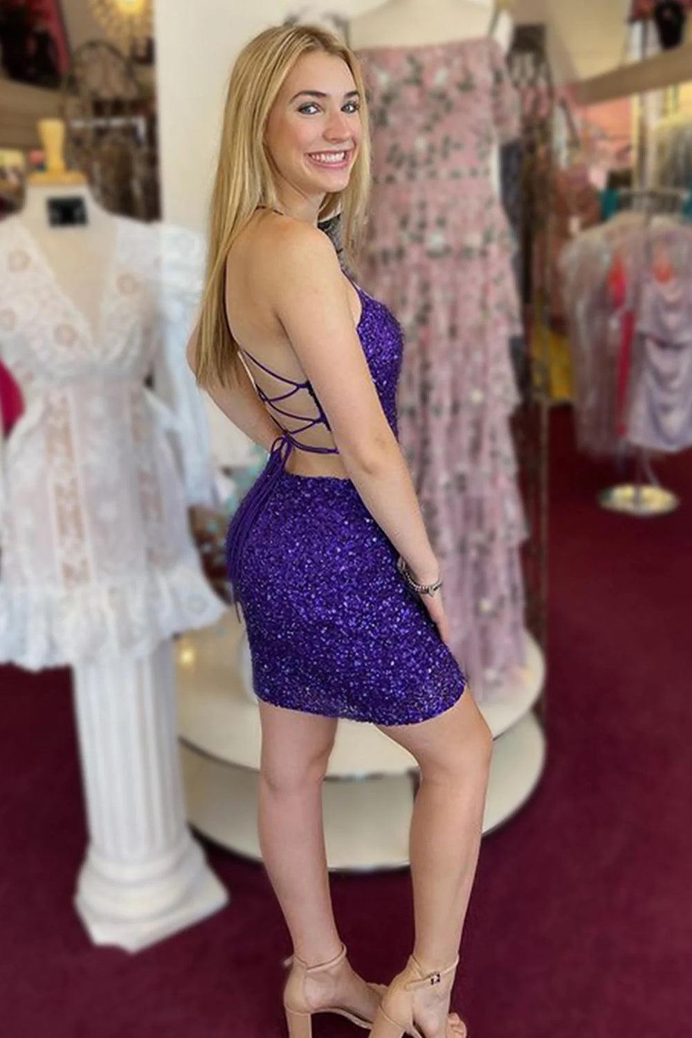 Orange Homecoming Dress Spaghetti Straps Backless Sequin Tight Cocktail Party Dresses