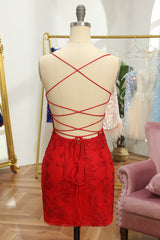 Orange Homecoming Dress Spaghetti Straps Tight Short Prom Dress with Appliques