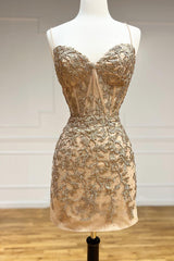 Orange Homecoming Dress Spaghetti Straps Tight Short Prom Dress with Appliques