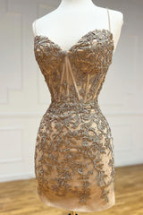 Orange Homecoming Dress Spaghetti Straps Tight Short Prom Dress with Appliques