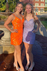Orange Homecoming Dress Spaghetti Straps Tight Short Prom Dress with Appliques