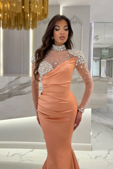 Orange Mermaid High Neck Formal Dress With Sleeves
