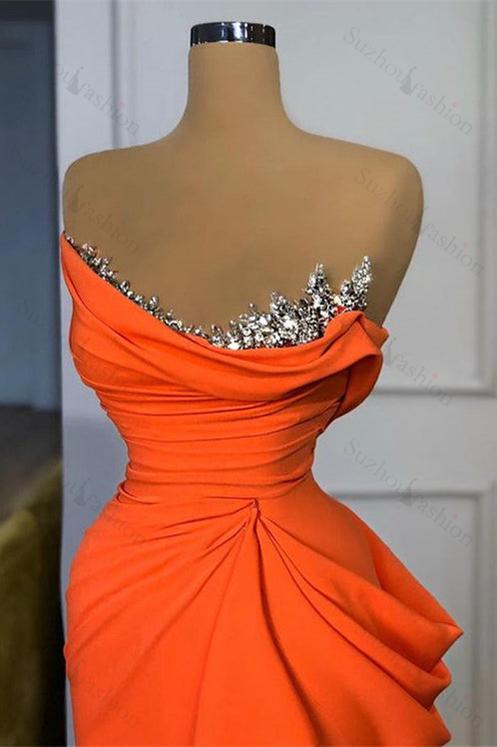Orange Mermaid Prom Dress Sleeveless Strapless Beaded Formal Dress