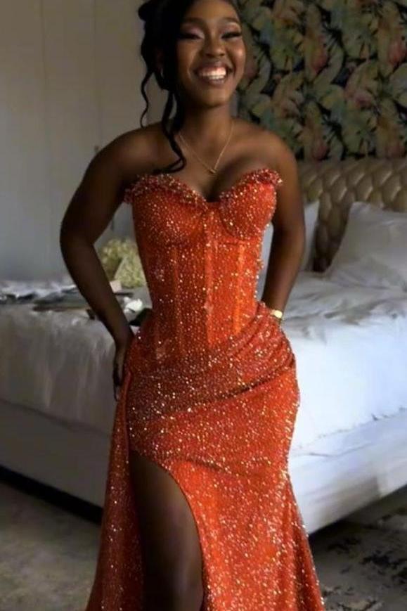 Orange Mermaid Prom Dress Sleeveless Sweetheart Sequined Formal Dress