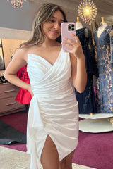Orange One Shoulder Satin Tight Homecoming Dresses Short Cocktail Dresses With Slit