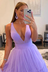 Orange Prom Dress Deep V Neck Tiered Evening Dress