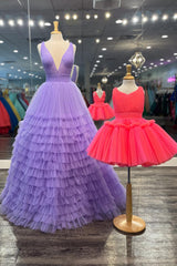 Orange Prom Dress Deep V Neck Tiered Evening Dress