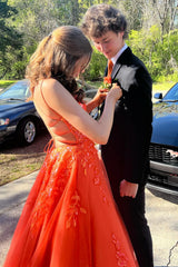 Orange Prom Dress Floral Corset A-Line Long Formal Dress