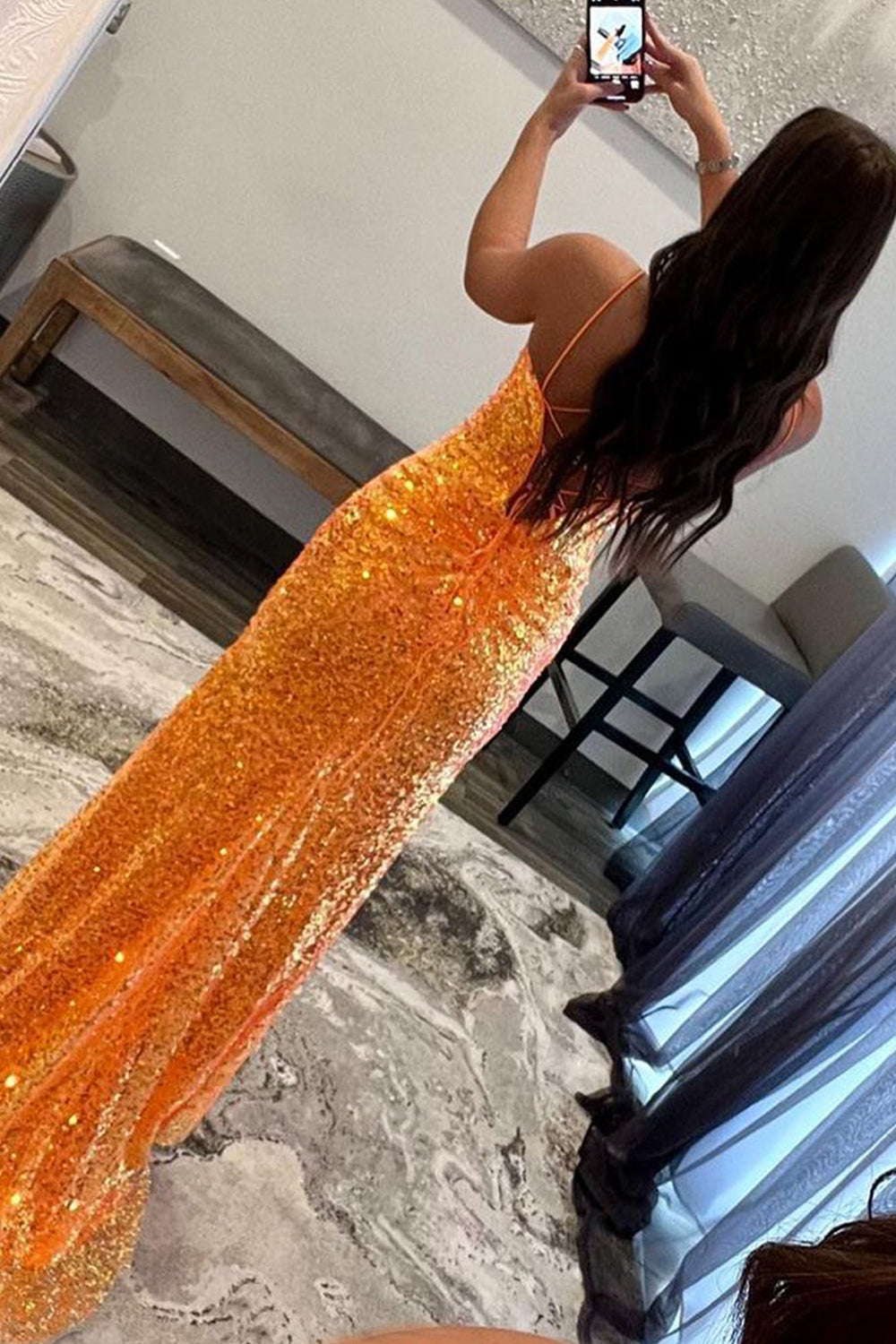 Orange Prom Dress Sequined Long Evening Dress with Slit
