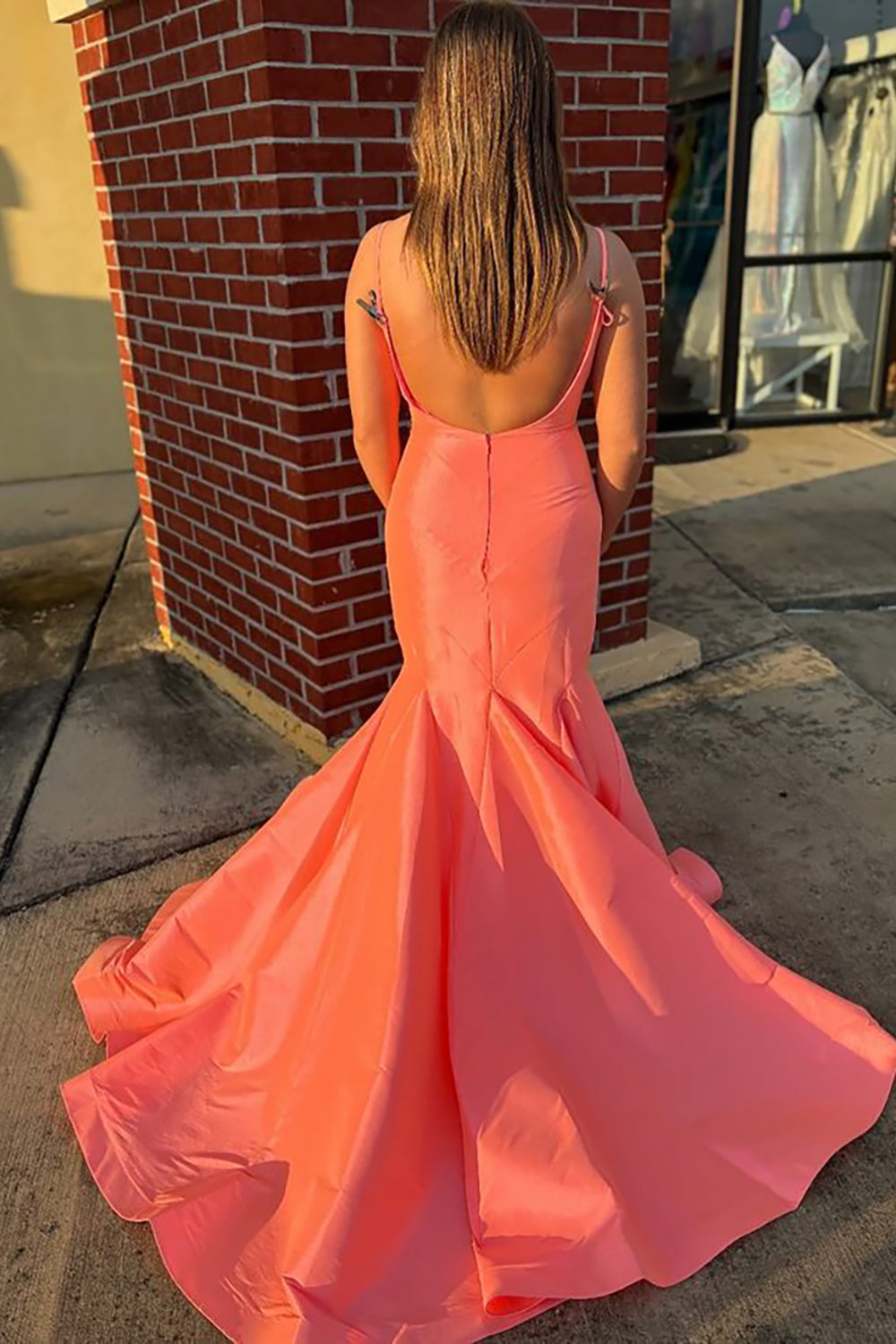 Orange Prom Dress Spaghetti Straps Mermaid Satin Long Formal Dress