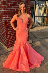 Orange Prom Dress Spaghetti Straps Mermaid Satin Long Formal Dress