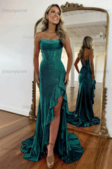 Hot Pink Beaded Prom Dress Strapless Corset Ruffled Formal Dress With Slit
