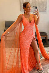 Orange Prom Dress Watteau Train Sequined Long Evening Dress
