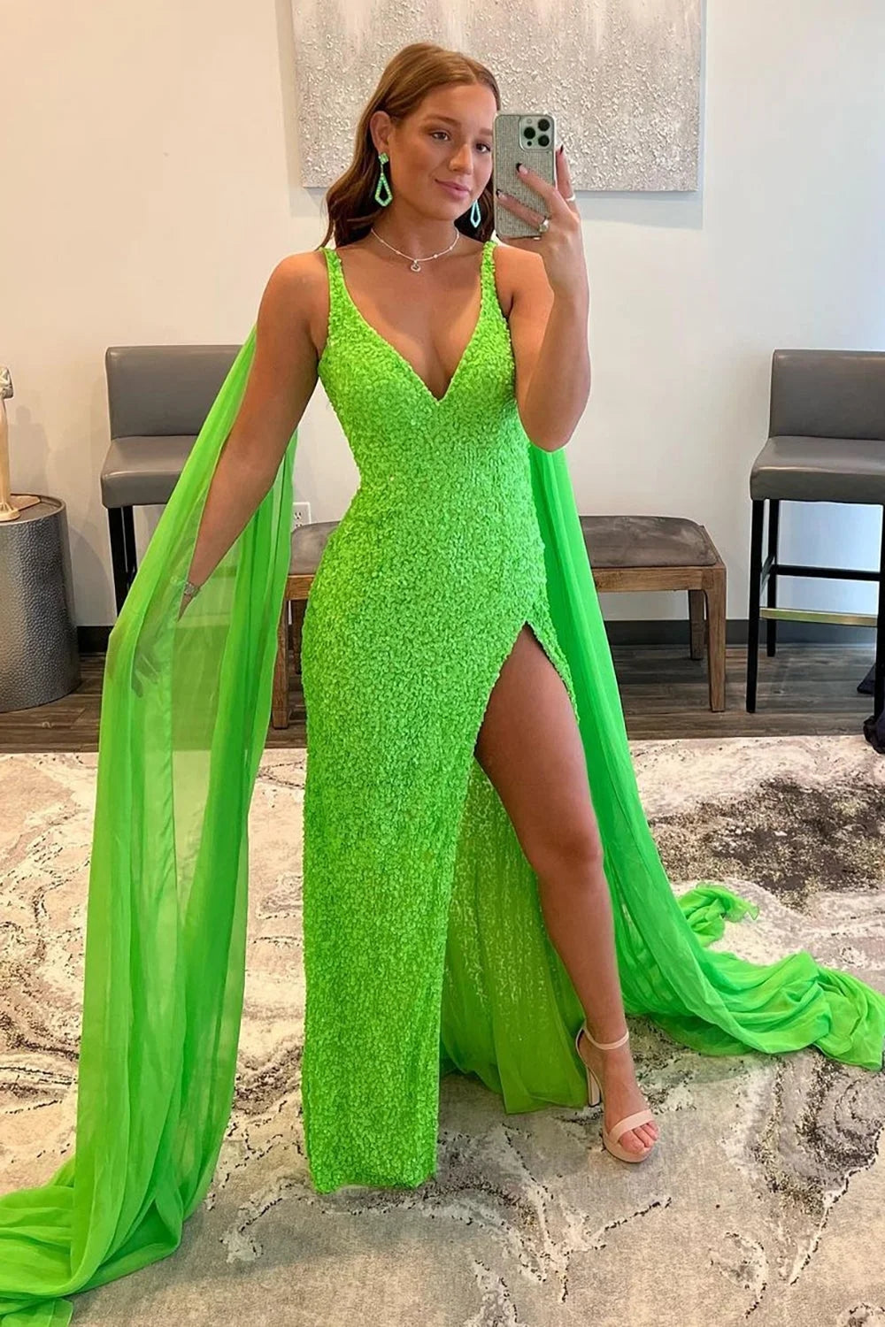 Orange Prom Dress Watteau Train Sequined Long Evening Dress