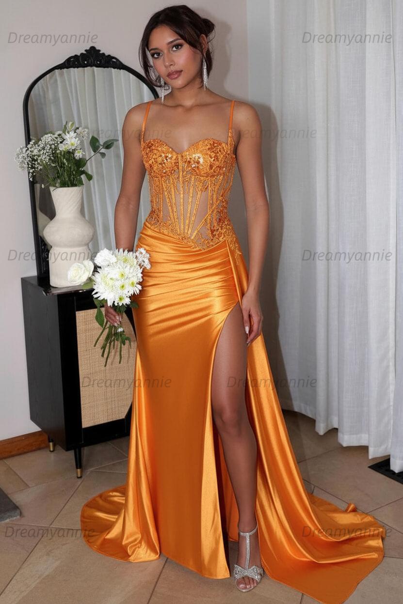 Corset Sequined Prom Dress Satin Appliqued Long Evening Dress With Slit