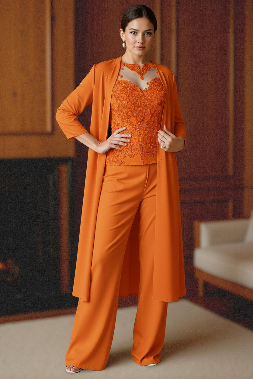 Dreamyannie Light Blue Bateau Neck Chiffon 3 Piece Mother Of The Bride Pant Suits With Jacket