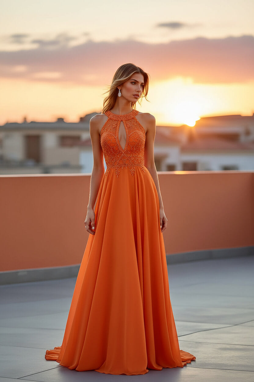 Dreamyannie Beaded Navy Wedding Guest Dress Halter Long Formal Dress With Embroideries
