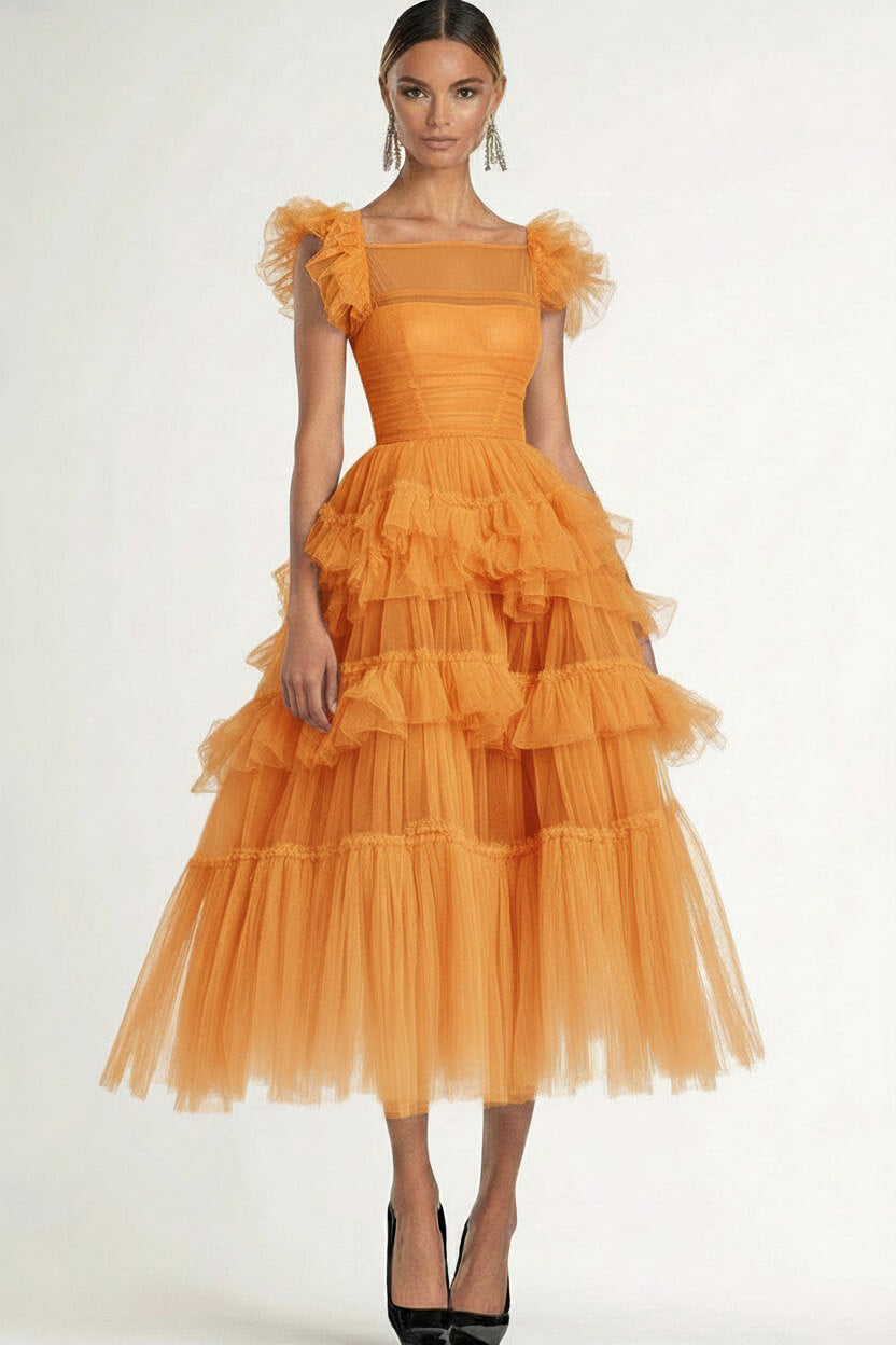 Dreamyannie Tea Length Black Wedding Guest Dress A-Line Flatter Sleeves Tulle Formal Dress With Ruffles