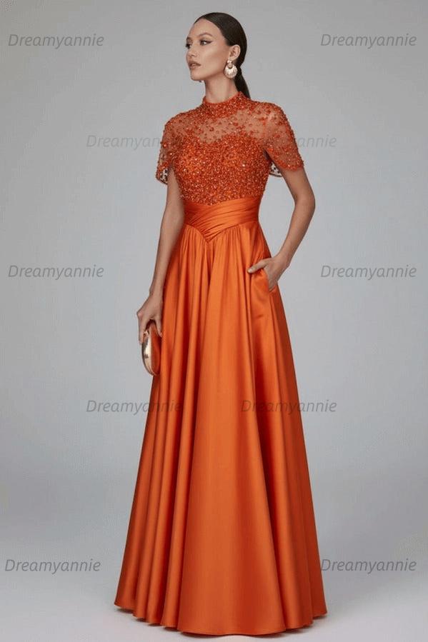 Green A Line Prom Dress Short Sleeve High Neck Beaded Formal Dress
