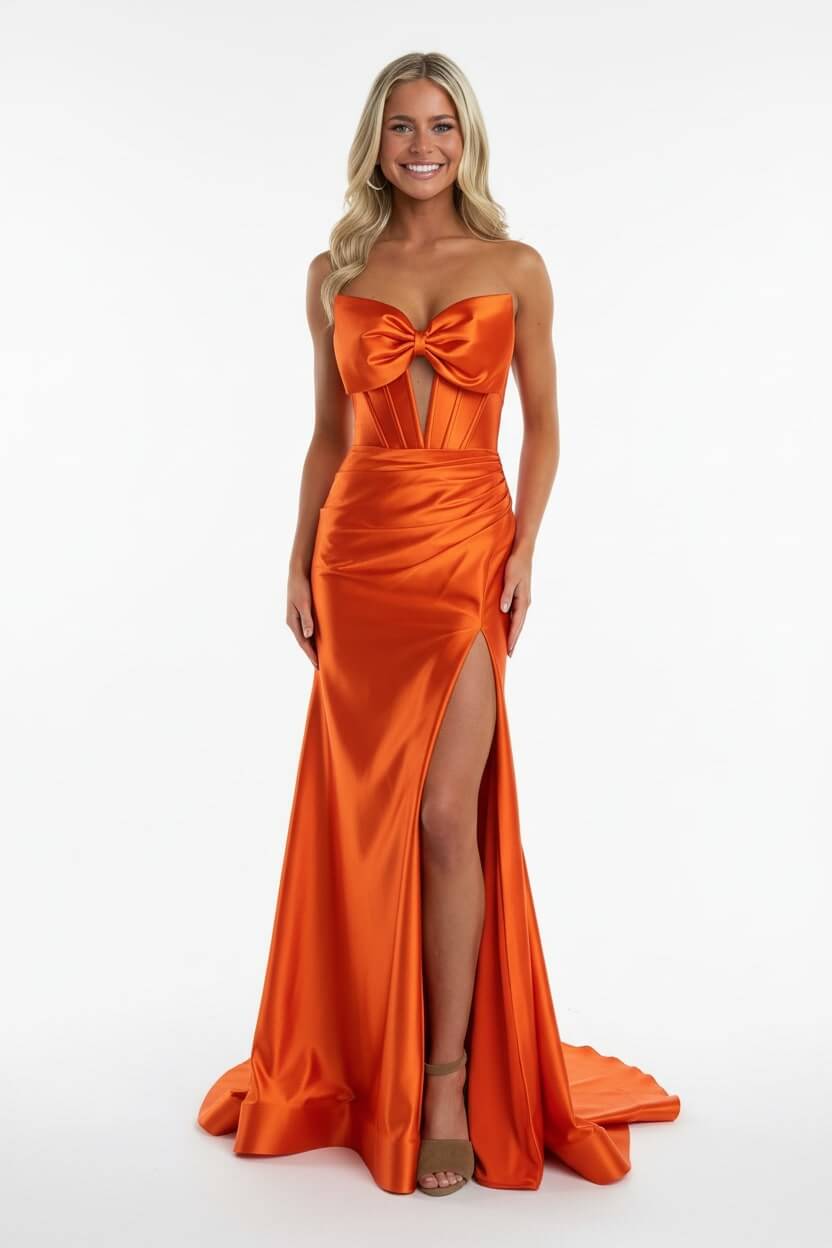 Dreamyannie Corset Red Prom Dress Satin Sweetheart Formal Dress With Slit