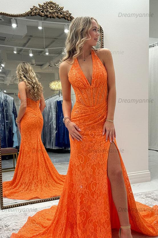 Dreamyannie Halter Pink Prom Dress Long Lace Formal Dress With Slit