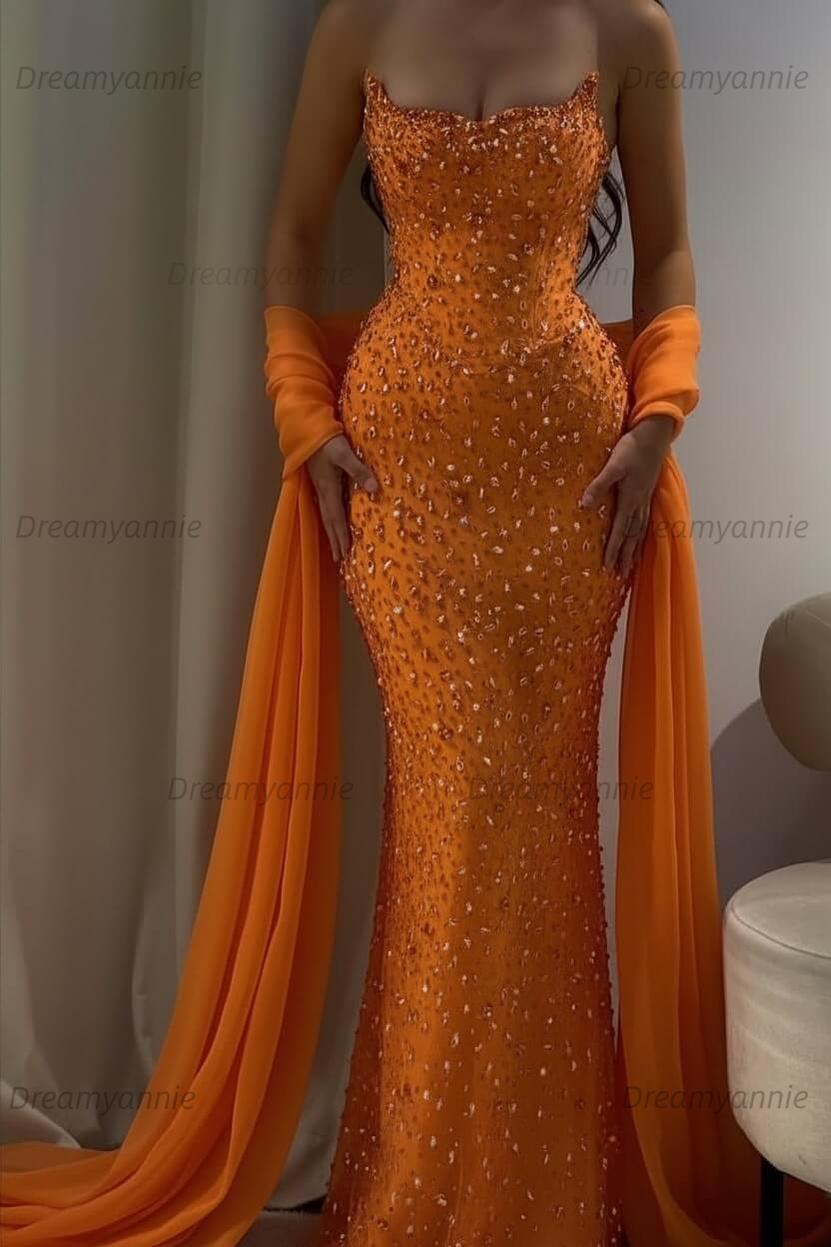 Pink Mermaid Prom Dress Strapless Beaded Formal Dress