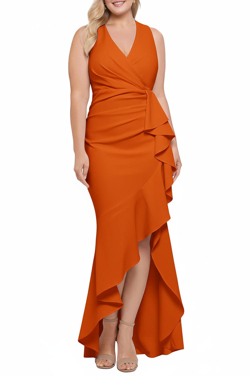 V Neck Sleeveless Plus Size Long Sheath Column Mother of the Bride Dresses with Ruffles