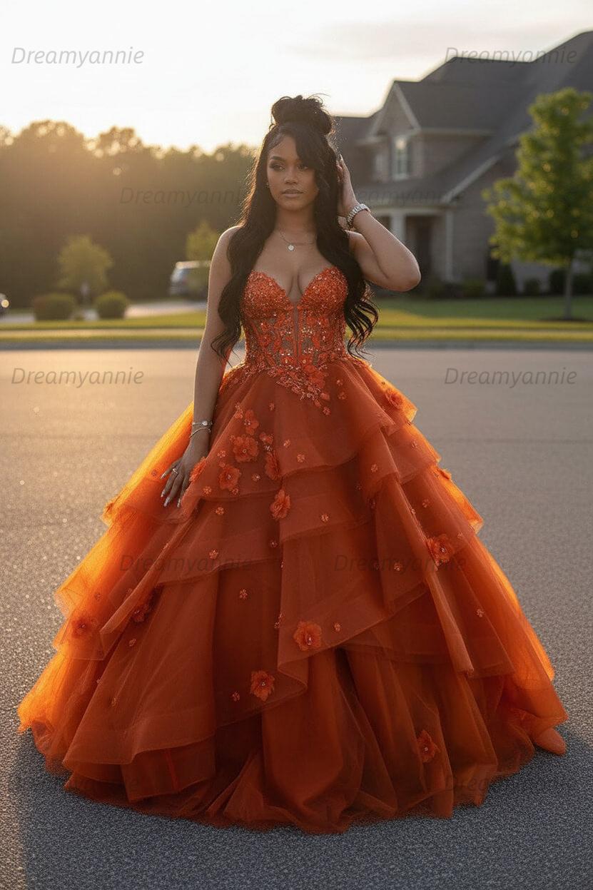 Dreamyannie Sage Prom Dress Floral Tiered Ruffles A-Line Sweetheart Corset Long Formal Dress