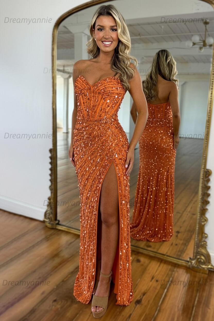 prom dresses orange county Dreamyannie Sweetheart Mermaid Sequined Prom Dress With High Slit Skirt  Formal Evening Gown