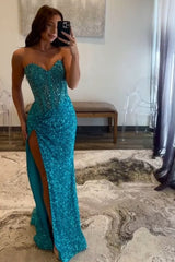 Sparkly Blue Sweetheart Long Prom Dress with Slit