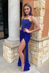 Sparkly Mermaid Royal Blue Strapless Long Prom Dress With Slit