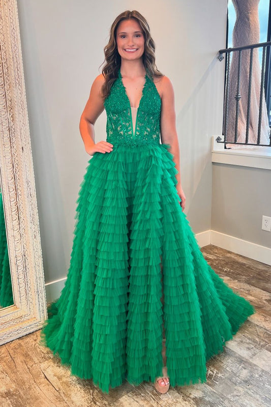 Green Ruffled Corset Long Prom Dress with Lace