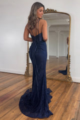 Sparkly Blue V-Neck Mermaid Corset Long Prom Dress with Slit