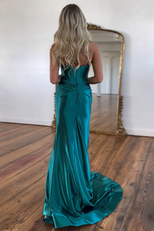 Mermaid Emerald Green Sweetheart Corset Satin Prom Dress with Slit