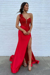 Sparkly Fuchsia One Shoulder Mermaid Satin Long Prom Dress with Slit