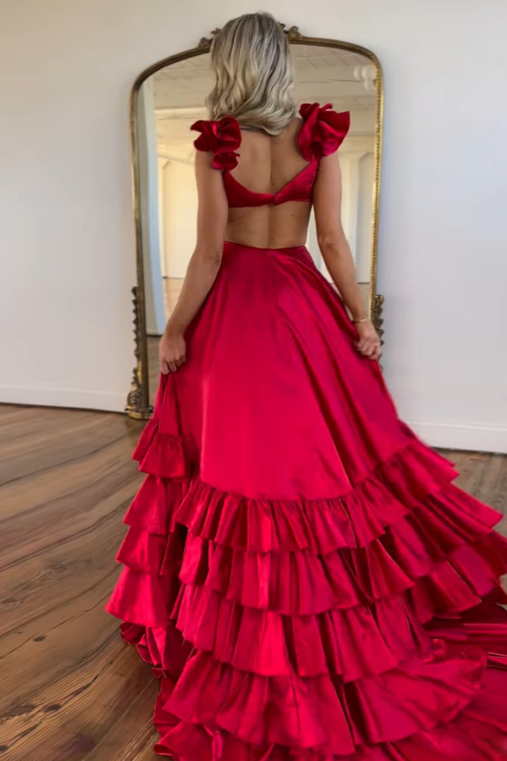 A Line Red Hollow Out Tiered Satin Long Prom Dress with Ruffles