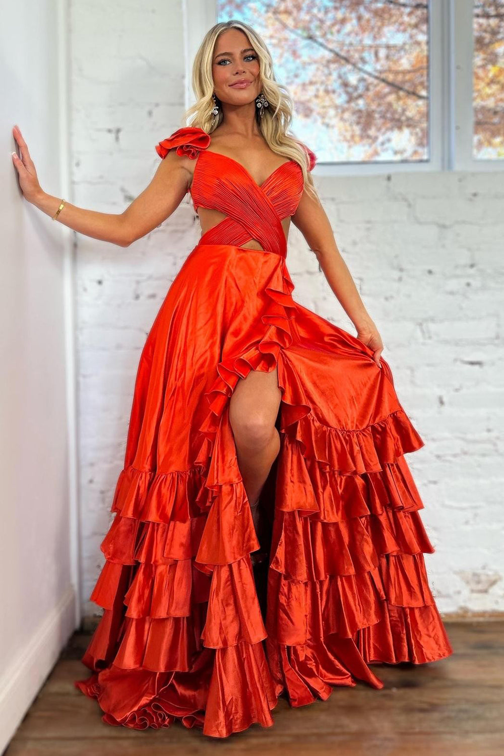 A Line Red Hollow Out Tiered Satin Long Prom Dress with Ruffles