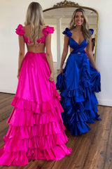 A Line Red Hollow Out Tiered Satin Long Prom Dress with Ruffles