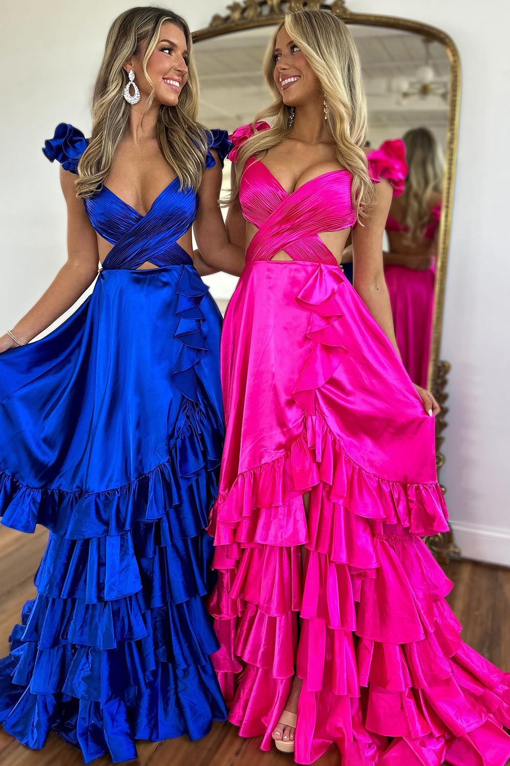 A Line Red Hollow Out Tiered Satin Long Prom Dress with Ruffles