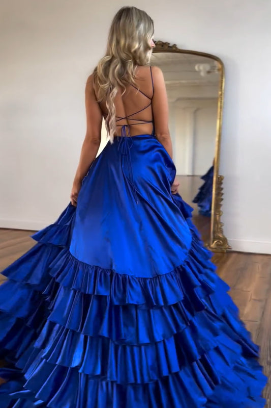 Royal Blue Spaghetti Straps Tiered Long Prom Dress with Slit