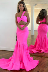 Hot Pink One Shoulder Two Piece Satin Long Prom Dress