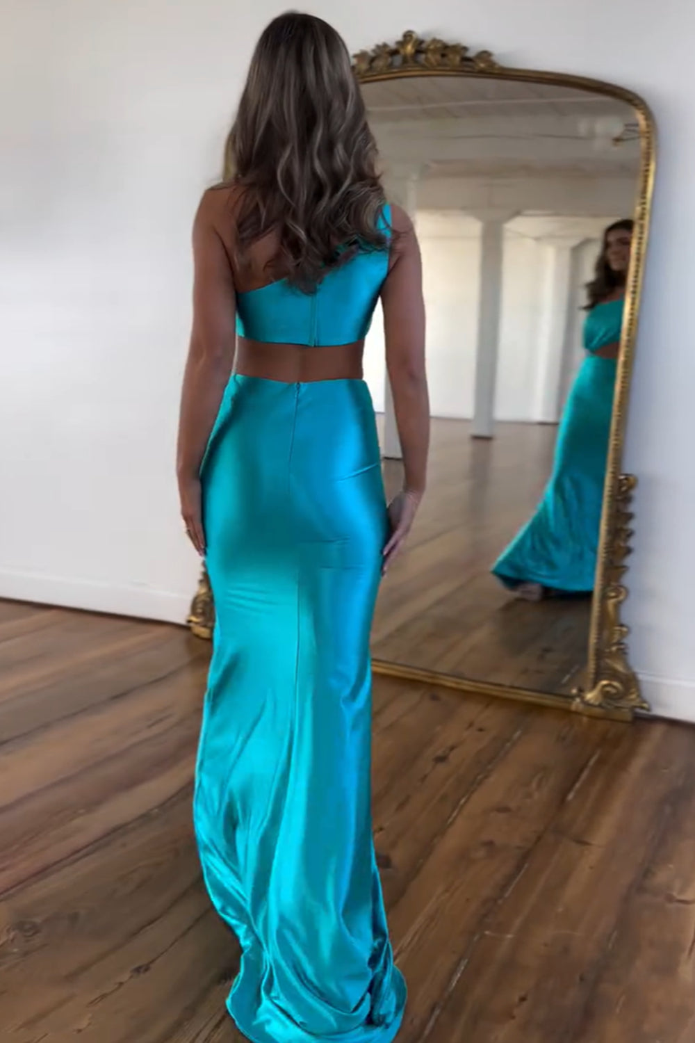 Turquoise One Shoulder Mermaid Satin Long Prom Dress