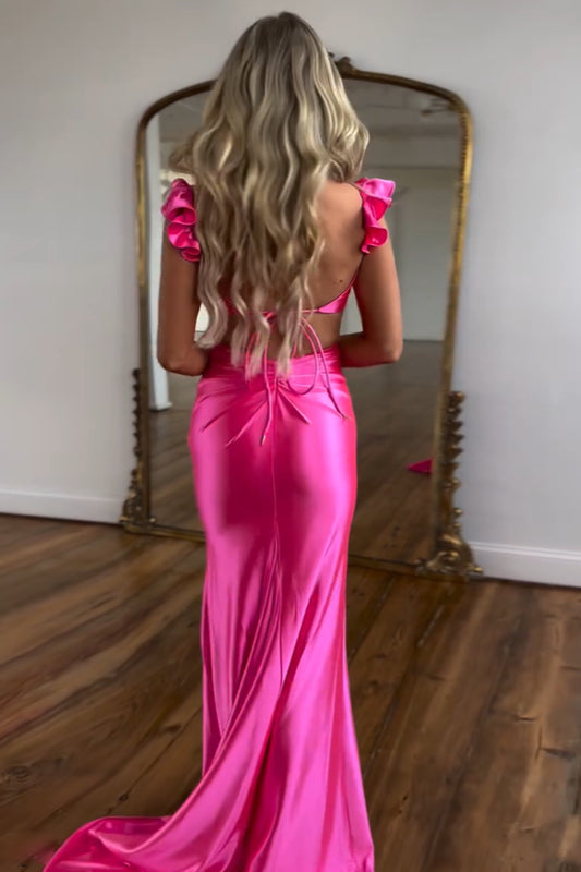 Hot Pink Mermaid Hollow Out Satin Long Prom Dress with Flower